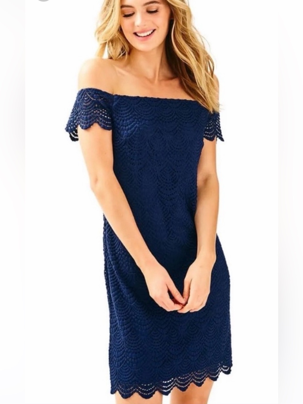 Lilly Pulitzer Jade dress, lace  of shoulder, lined navy, M